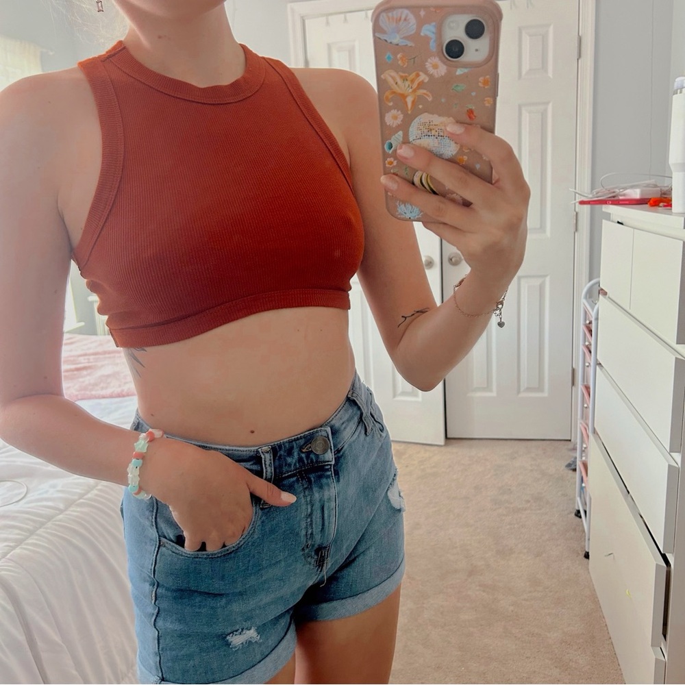 High Neck Ribbed Burnt Orange Crop Top